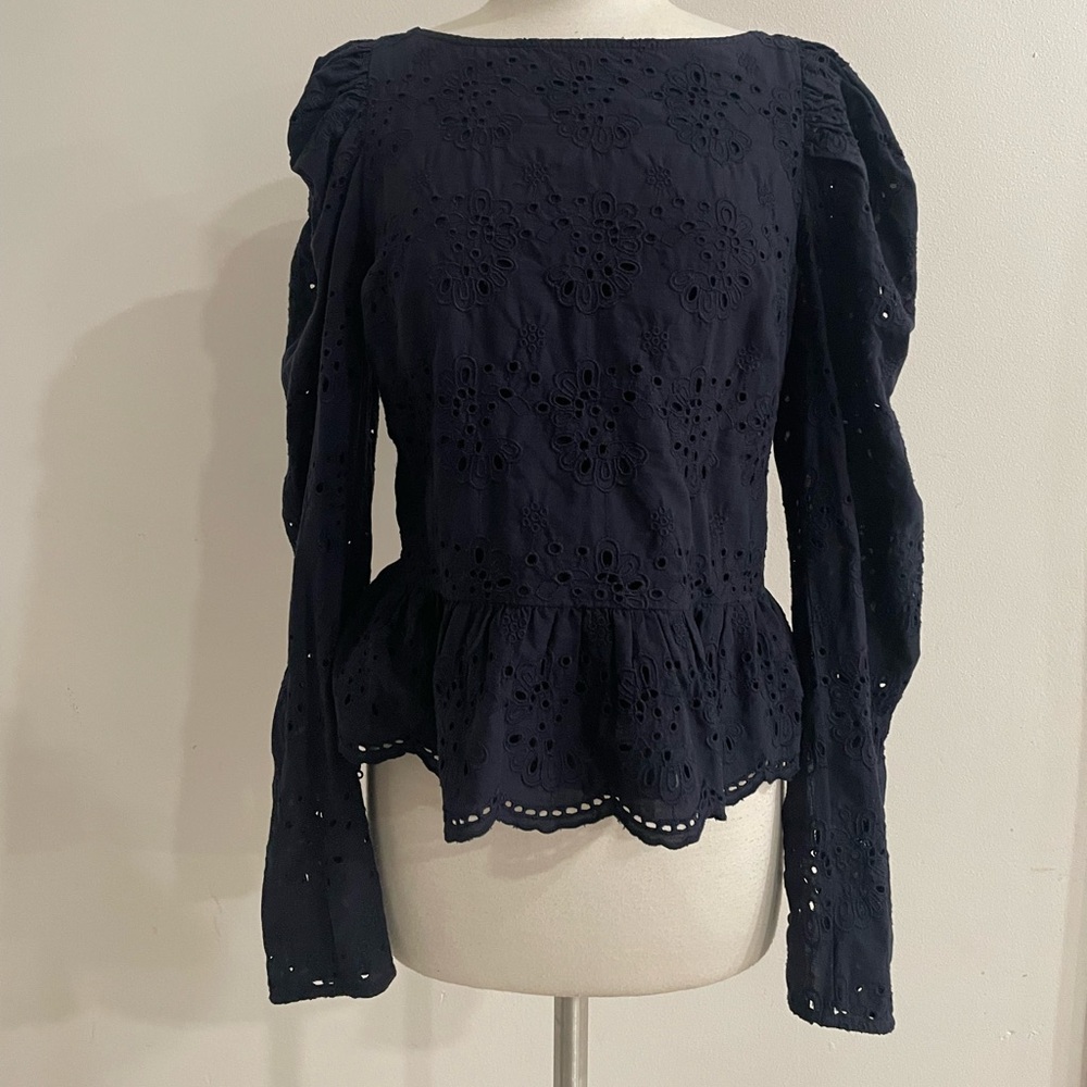 Express Navy Eyelet Embroidered Ballon Sleeve Blouse Top